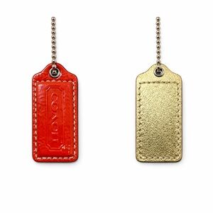 Coach Hangtag, Two-tone, orange/gold w/silver ball chain; 2”